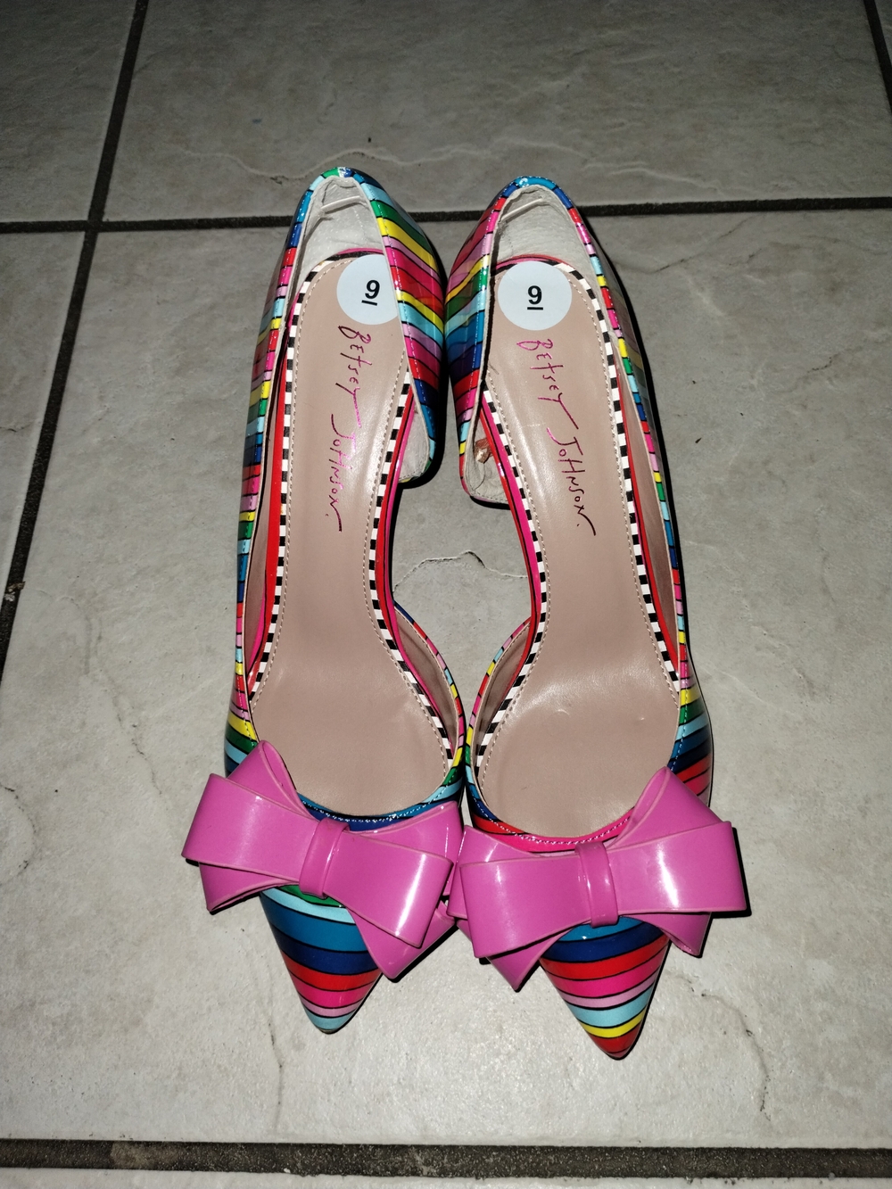 Betsey Johnson Multicolor Striped Pointed Pumps with Pink Bow